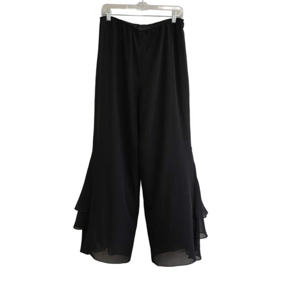 Alex Evenings Black Chiffon Wide Leg Tiered Ruffle Hem Dress Pants Gala Formal